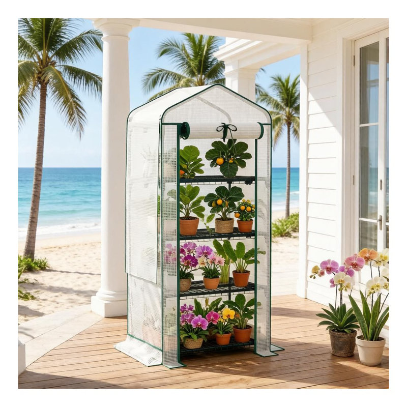 Compact Outdoor Greenhouse with Double-Layer Roof and Ventilation Mesh, Dark Green/White Polyethylene Cover on Steel Frame