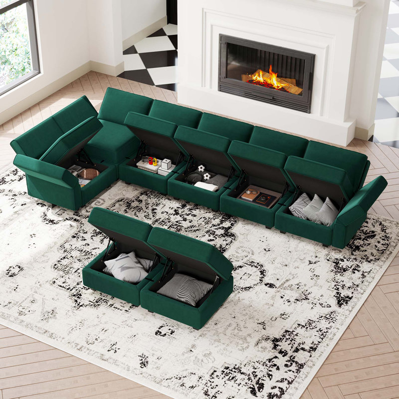Teangela 143'' Variable Modular Velvet Sectional L Shaped Upholstered Couch Storage Sofa, Green Velvet