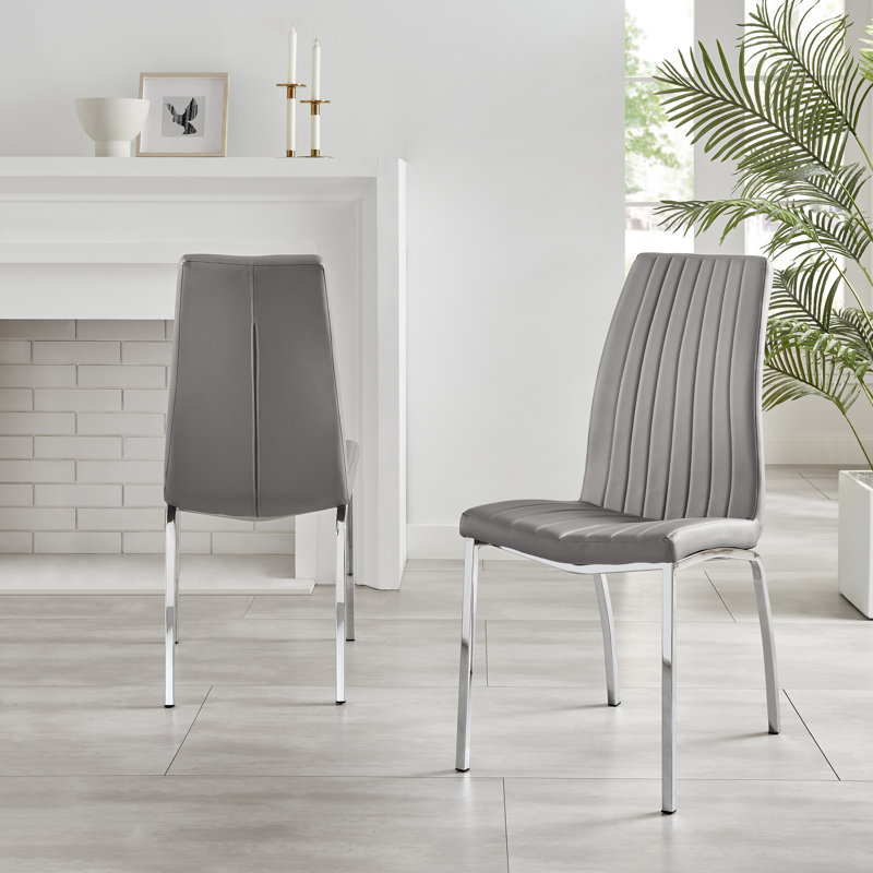 Faux Leather Modern Tall Back Dining Chairs with Chrome Metal Legs & Vertical Stitching, Grey