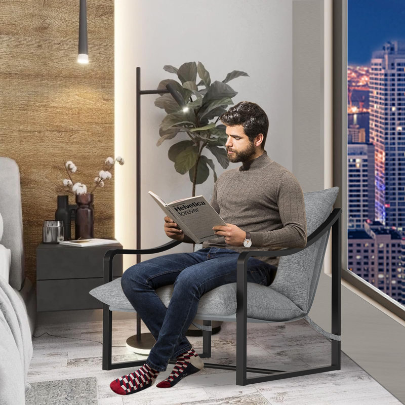 Modern Sling Accent Chair, Comfy Fabric Living Room Chairs With Heavy Duty Metal Frame, Lounge Reading Armchair, Gray Fabric