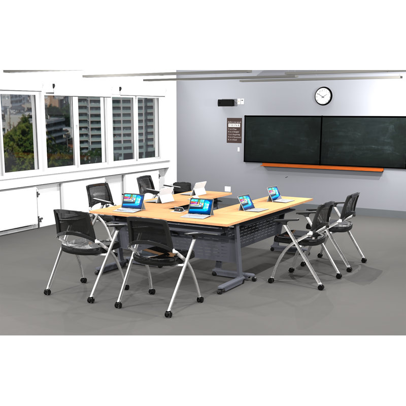 Tables Training Meeting Seminar Classroom 3Pc Beech Folding Industrial Caster Z-Base. Tables Connect.  Modesty Panel, Shelf, Power+Usb Outlet. Fold+Nest For Storage (Seating Not Included).