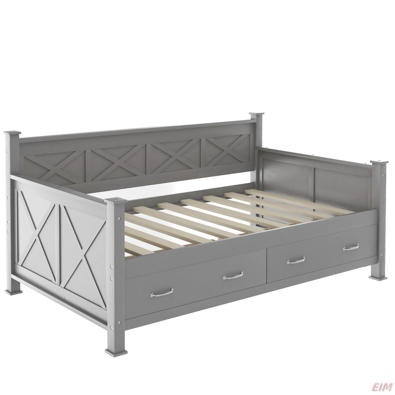 Twin Size Daybed With 2 Large Drawers, X-Shaped Frame, Modern And Rustic Casual Style Daybed (Daybed), Gray
