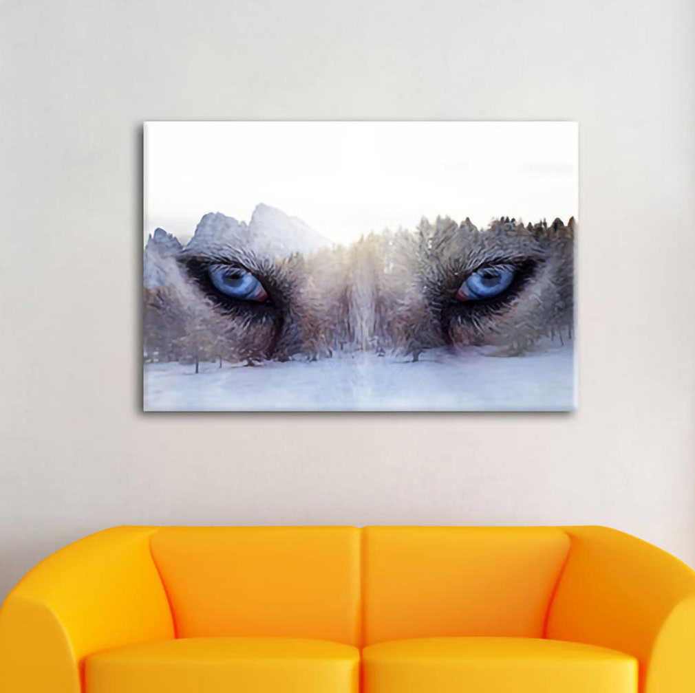 Leinwandbild Overlay-Wolf-Augen über Winterwald