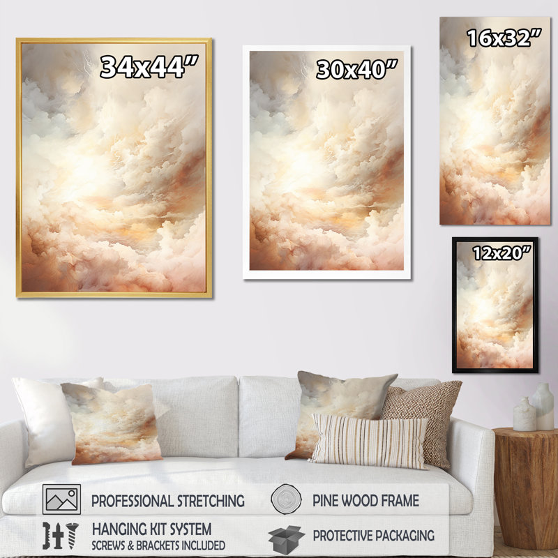 Beige nuage minimaliste expression - orages murales salon, Cadre doré simple, H 44 po x l 34 po x P 1,5 po