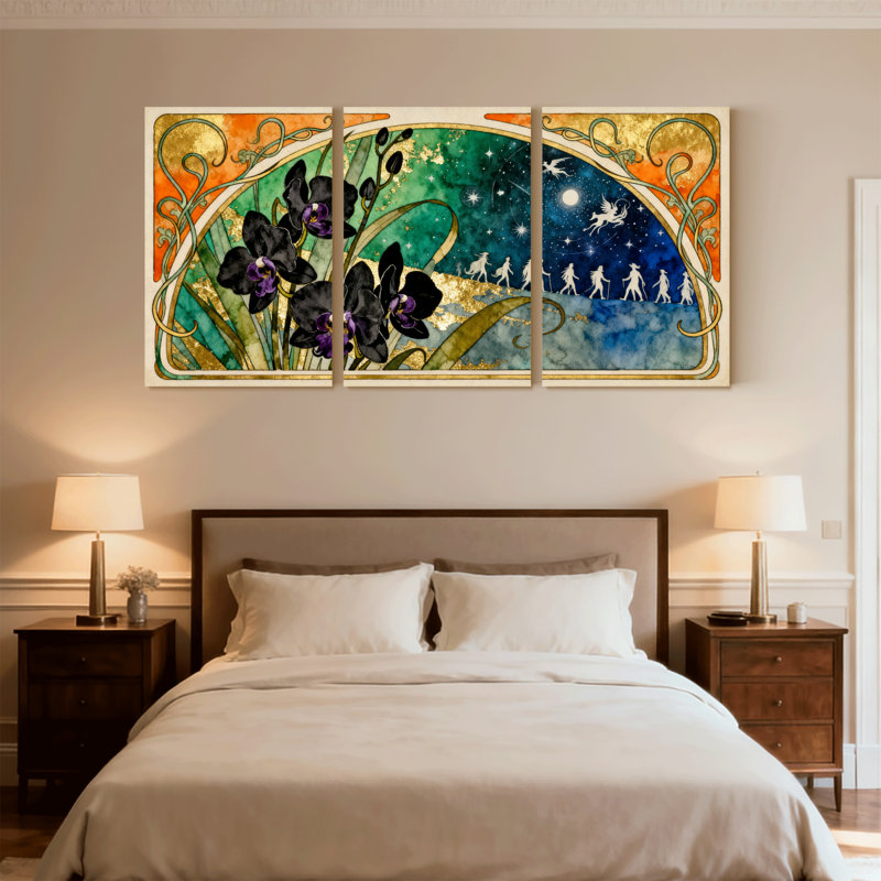 Fantasy & Sci-Fi Art déco, motif de ciel nocturne floral, ensemble de 3 impressions murales sur toile, H 24 po x l 48 po