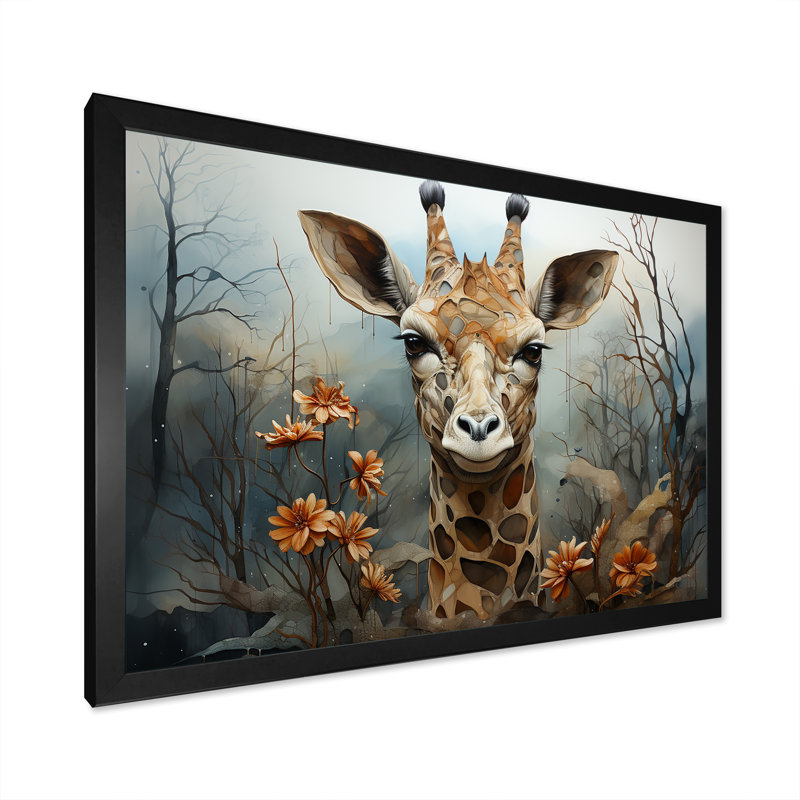 Mignonne girafe dans un champ de fleurs II, Cadre simple noir, H 34 po x l 44 po x P 1,5 po