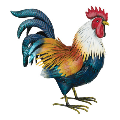 Golden Duckwing Rooster Metal Garden Statue with Detailed Feather Textures and Weather Resistant Hand Painted Finish
