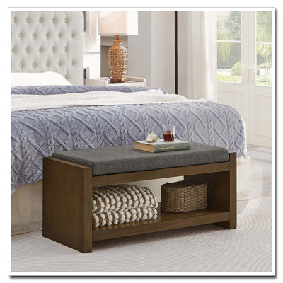 Wood Frame Storage Bench with Removable Cushion, Lower Shelf