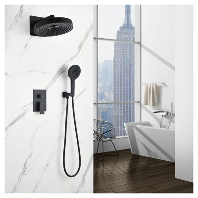 Modern Minimalist Matte Black Concealed Shower System - 2-Function Brass Control Valve with Overhead & Handheld Showerheads and Self-Cleaning Silicone Nozzles