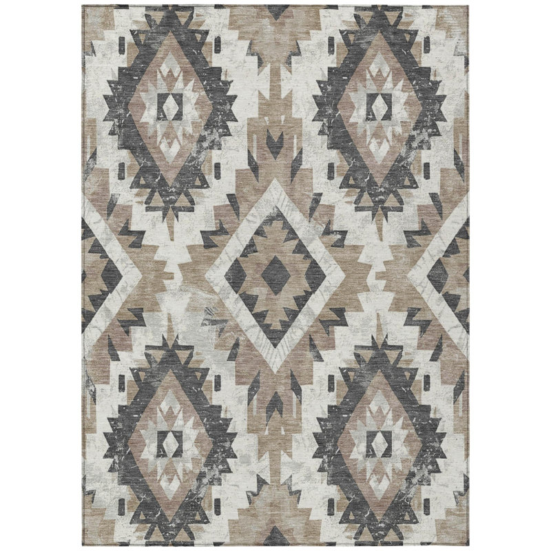 Tapis intérieur/extérieur lavable, 90 x 150 cm, motif aztèque taupe et gris, lavable