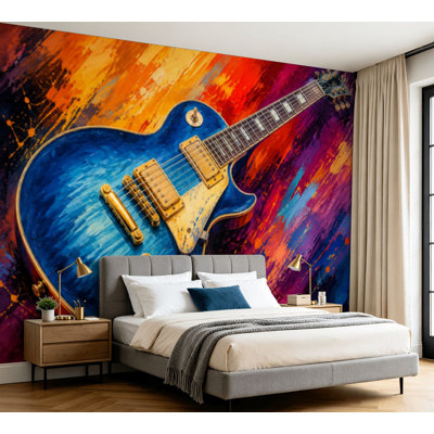 Wall Mural Peel and Stick Wallpaper Graffiti Colorful Guitar Cool Pop Music Rock Electric Brush Strokes Self-Adhesive Removable Contact Paper Wall Decor for Living Room Bedroom 100"H x 144"W