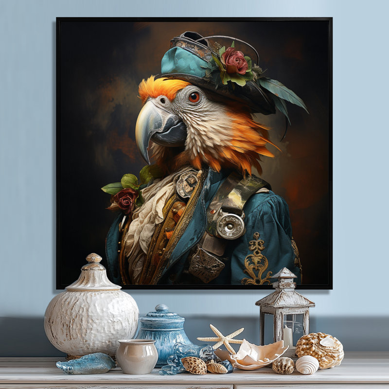 Décoration murale Pirates Parrot plume buccaneer I - Pirate, Cadre flottant noir, H 16 po x l 16 po x P 1 po