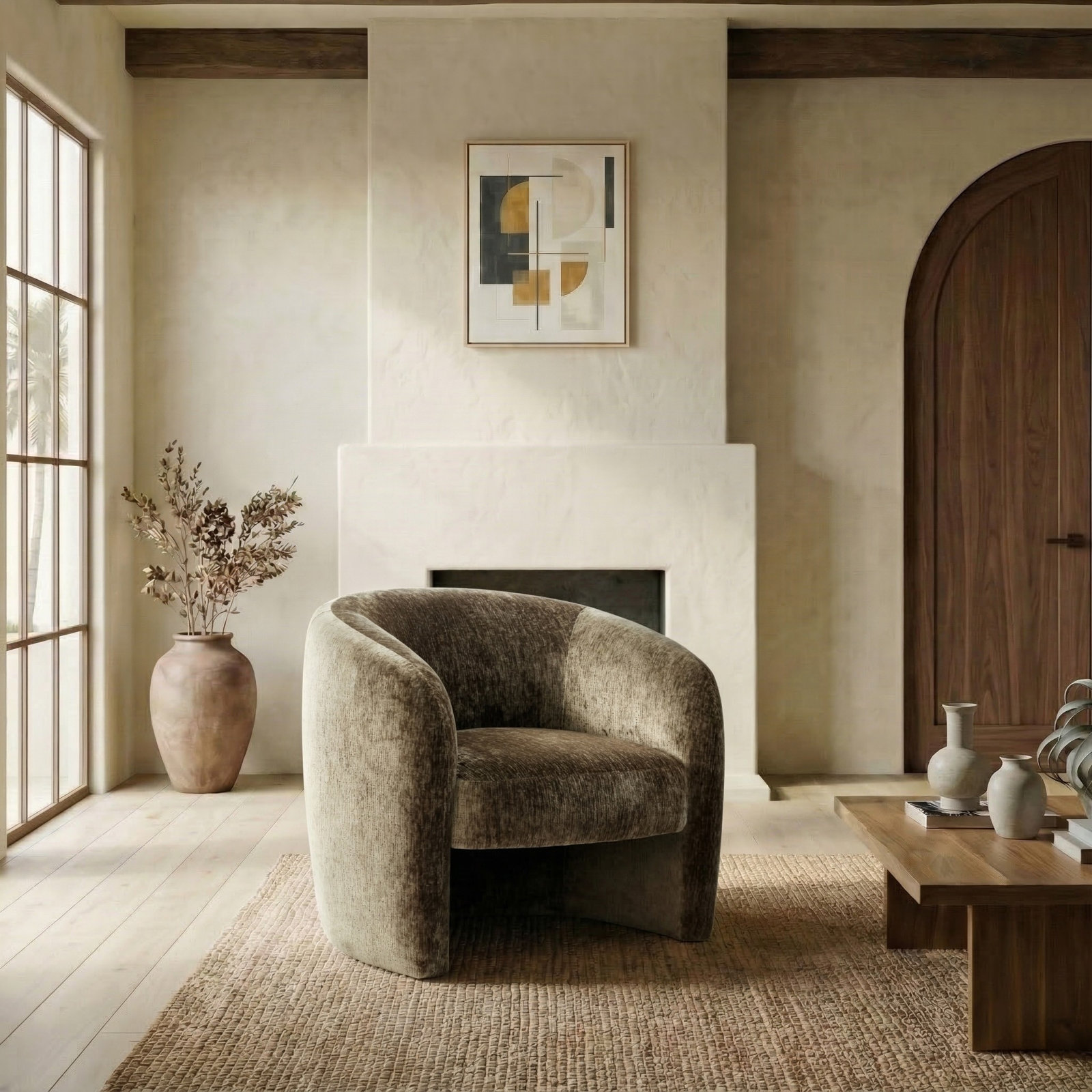 Solace Upholstered Barrel Chair, Dark Brown Chenille