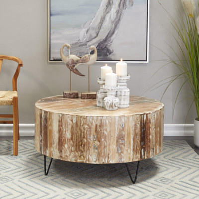 Bisharo Mango Wood Handmade Distressed Brown Coffee Table with Black Metal Hairpin Legs by Foundry Select