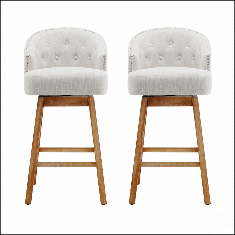 Ensemble de 2 tabourets de comptoir pivotants 33,25 ", tabourets de bar rembourrés à hauteur de comptoir avec structure en bois d'hévéa massif, dossier, repose-pieds, tabourets de bar sans accoudoir pour bar personnel, comptoir de cuisine, noir et beige