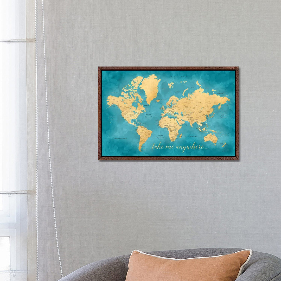 Take Me Anywhere Gold And Teal Detaillierte Weltkarte von Blursbyai - Gallery-Wrapped Canvas Giclée on Canvas