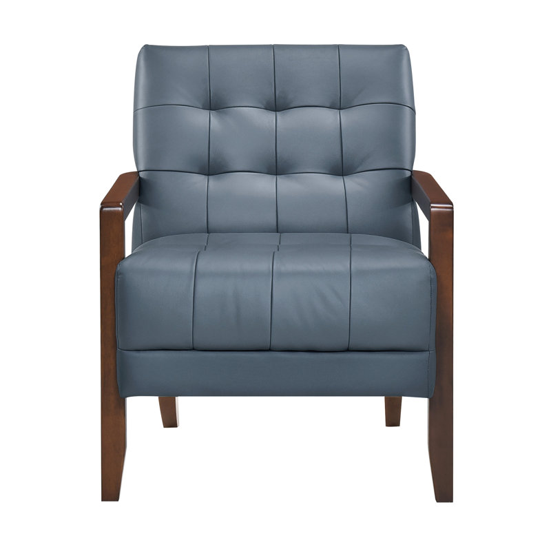 Chaise d'appoint en cuir bleu de style moderne avec coussin, détails en noyer, structure en bois fini