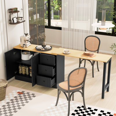 Multifunctional Sideboard With Extendable Dining Table, Space - Saving For Small Spaces, Featuring Silent Metal Slides And Textured Design 89.7'' Wooden 47 Inch Pull Out Storage, Stable Floor