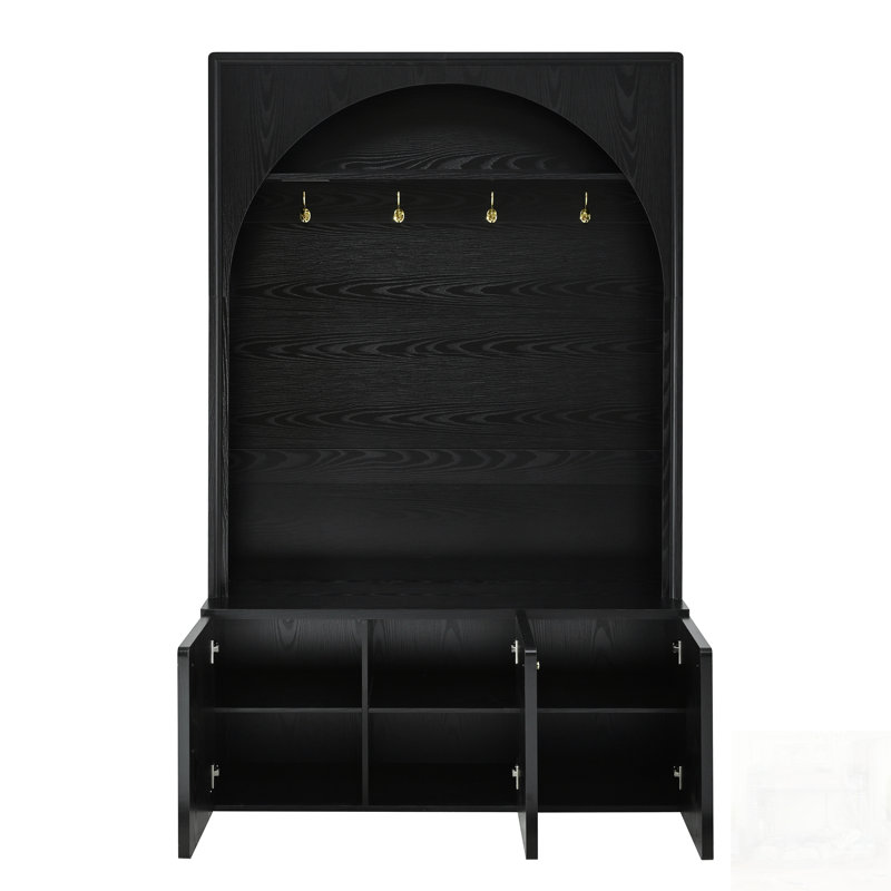 Farmhouse All-In-One Hall Tree With Adjustable Shelves, Retro Arched Entryway Storage Bench With 3 Cabinets And 4 Golden Hooks