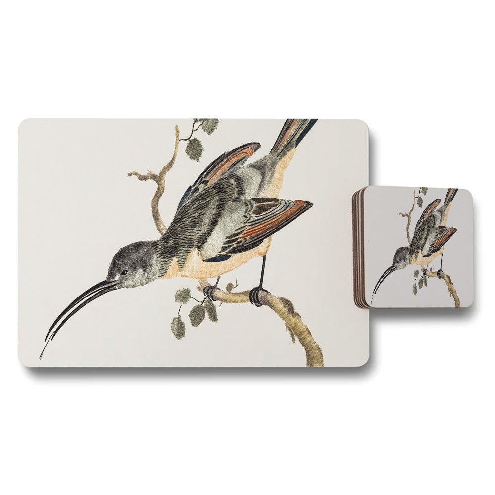 Bird On Branch Placemats And Coasters Set Vintage Illustration