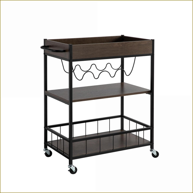 Kitchen Cart with 3 Tiers &amp; 4 Wine Rack | Walnut Brown &amp; Black Metal | Walnut | Particle Board