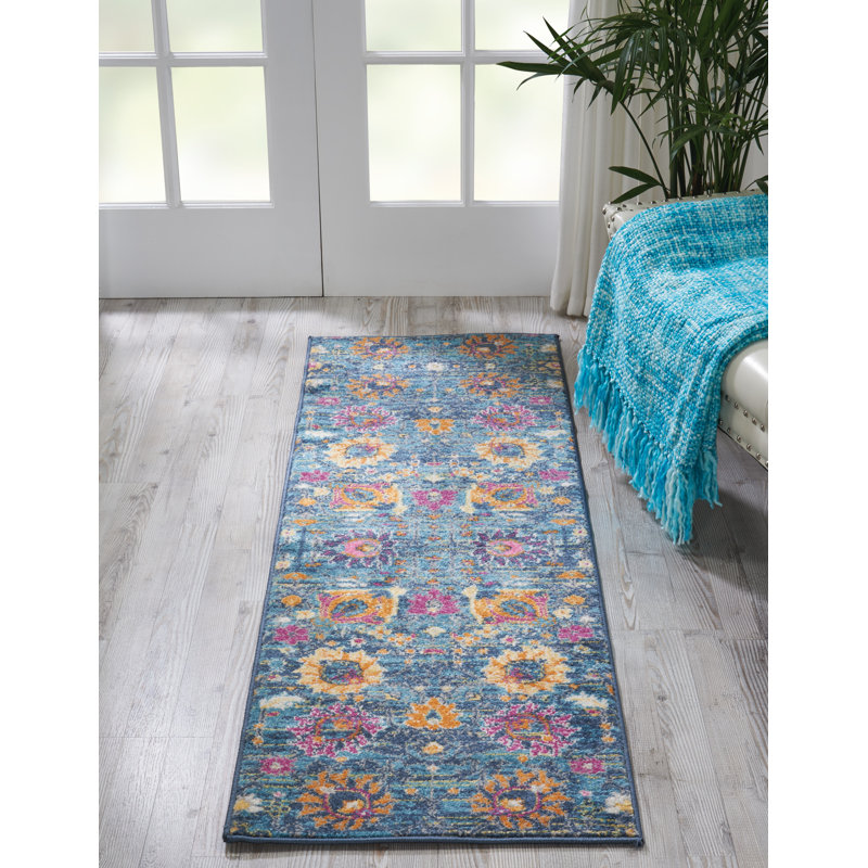 Tapis floral bleu / rose en polypropylène tissé à la machine, Tapis de couloir 1 pi 10 po x 6 pi