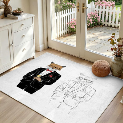 Tapis d'intérieur transparent lavable à la machine, motif renard et champagne, style animaux tendance