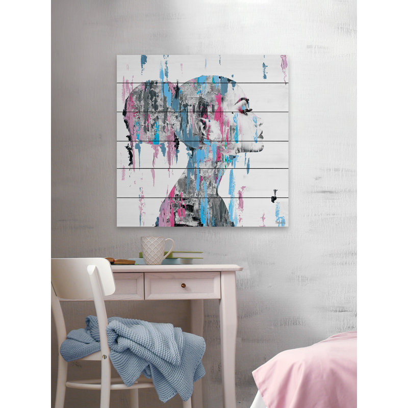 Reproduction d’art sur bois blanc « face de la tête rose bleue », H 18 po x l 18 po x P 1,5 po