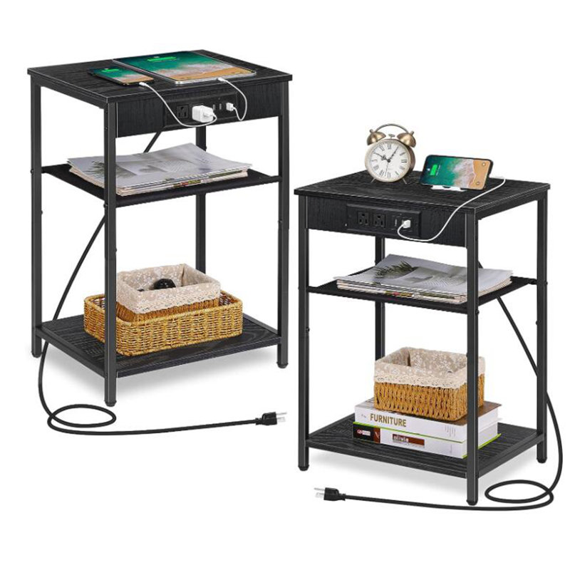 End Table Set and Built-In Outlets, Black