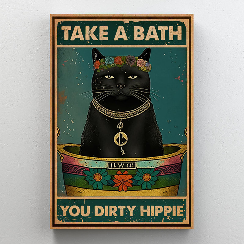 «Black Cat You Dirty Hippie», reproduction d'art sur toile rectangulaire 1 pièce, H 36 po x l 24 po x P 1,25 po
