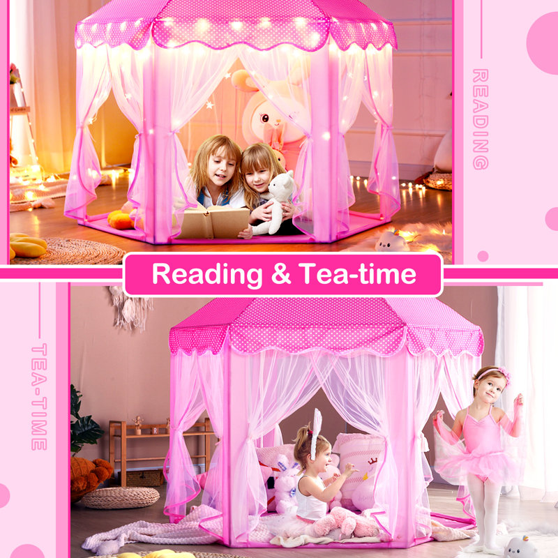 Wilwolfer Princess Castle Play Tent for Girls, Large Pink Playhouse with Star Lights, Carry Bag for Portable Indoor & Outdoor Fun. Perfect Gift for Kids