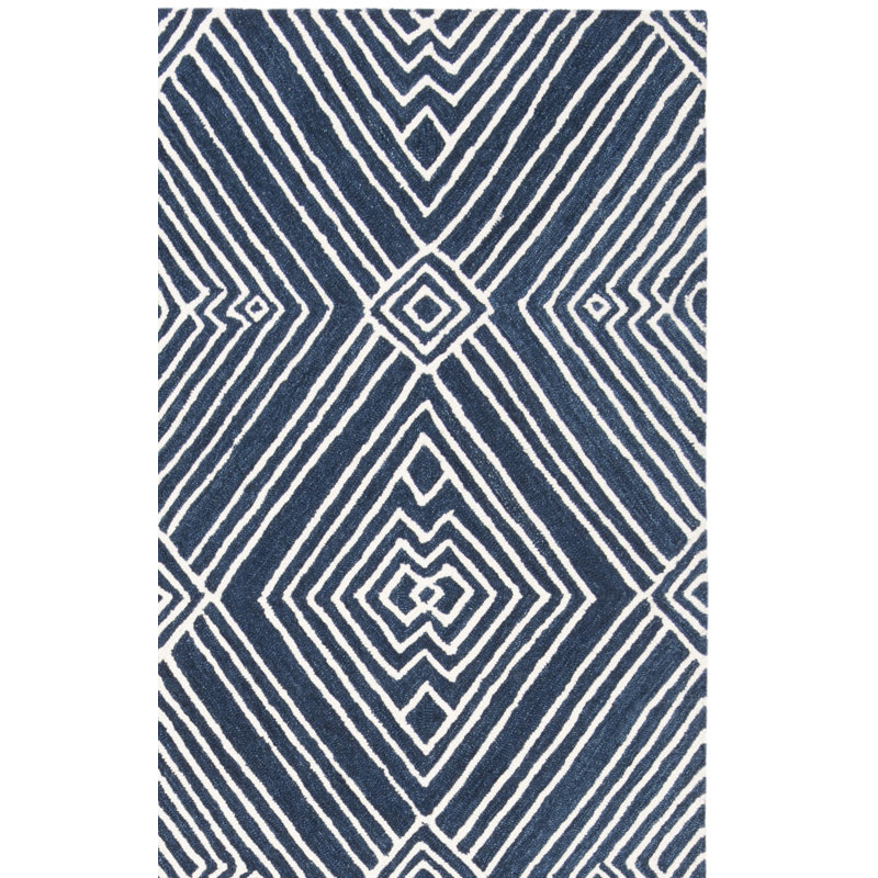 Elginpark Hand Tufted Wool/Cotton Geometric Rug in Ivory/Navy, Rectangle 5' x 8'