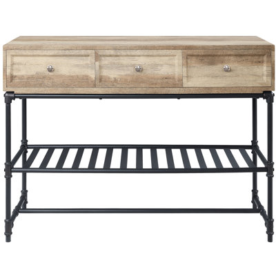Rectangular Table In Oak And Sandy Black, With Metal Legs Storage Compartments Modern Industrial Table, Practical Drawers