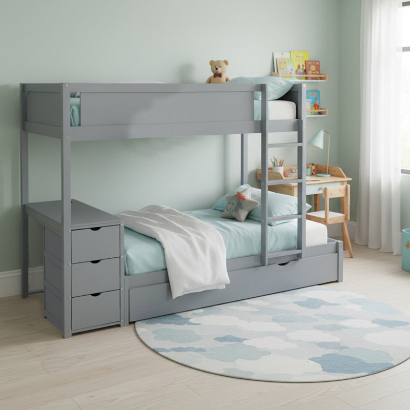 Lit superposé simple au-dessus de simple en bois massif avec lit gigogne simple, rangement et bureau pour la chambre à coucher