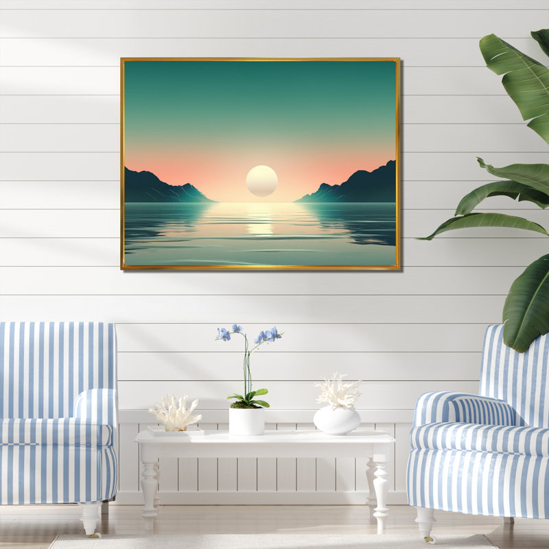 Pleine lune levant le minimalisme de l'océan en bleu rétro I - Décoration murale plage, H 12 po x l 20 po