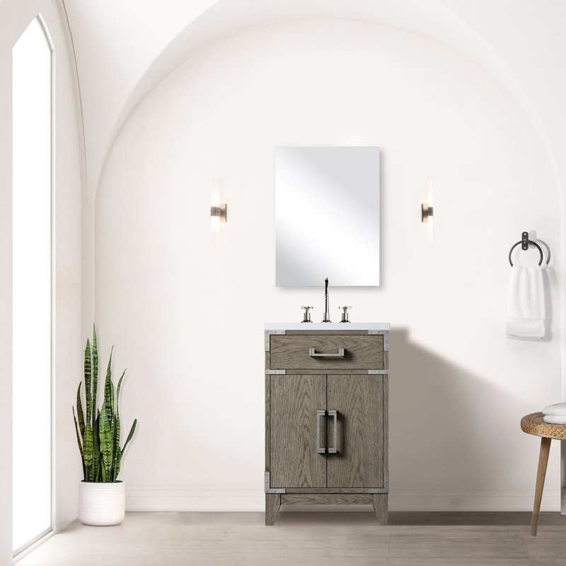 20 po De salle de bain en chêne gris avec comptoir en acrylique à la main et miroir