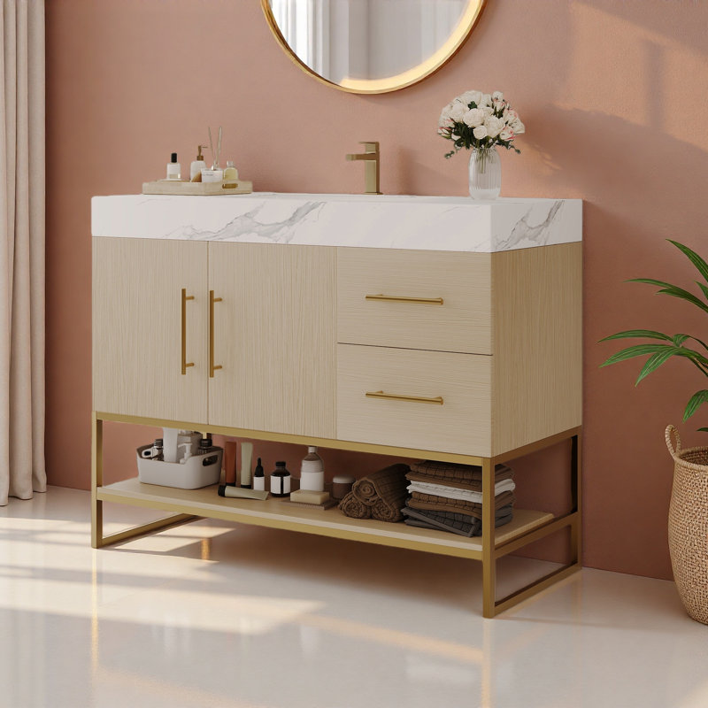 Meuble-lavabo moderne 36 po avec lavabo en céramique sans couture et armoire autoportante, Beige, Blanc