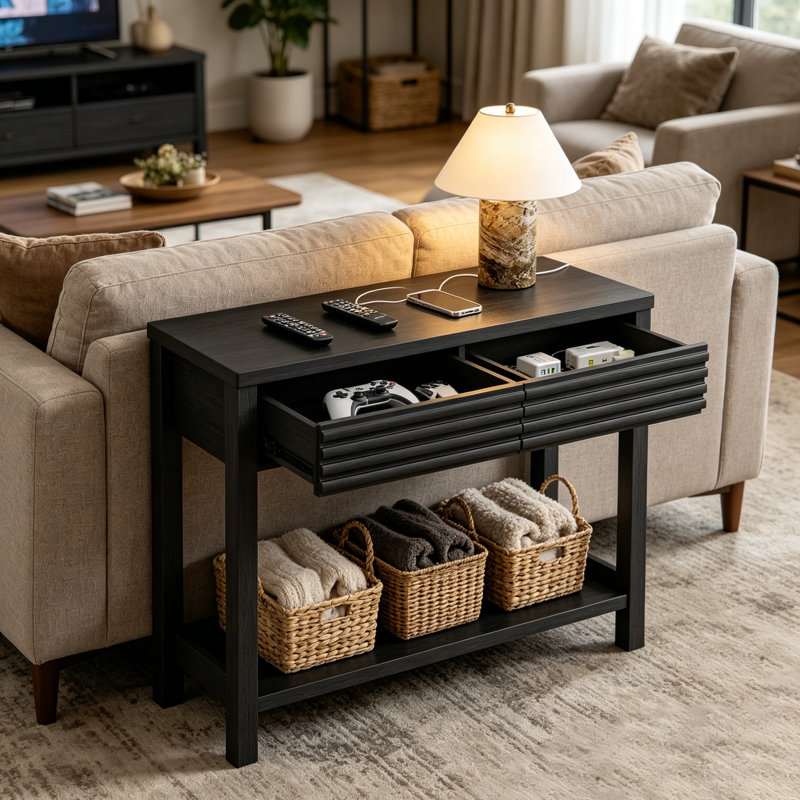 Console cannelée 39,4 "avec tiroirs, table d'entrée étroite avec tablette de rangement, Noir