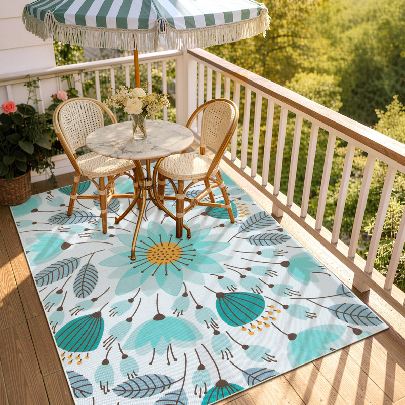 Washable 6X9 Blue Floral Outdoor Rug, Non Slip Quick-Dry Mesh Rug for Deck Patio, Rectangle 6' x 9', Blue