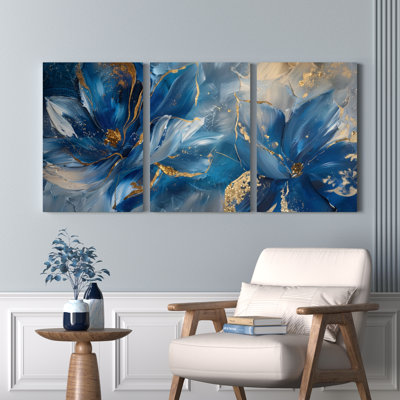 Art floral bleu abstrait sur toile tendue sur toile, ensemble de 3 impressions pour salon chambre à coucher