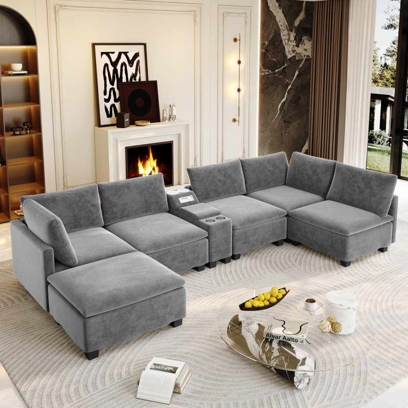 Canapé modulaire en nuage de 121 po de large avec console intelligente, canapé-lit convertible en forme de U avec haut-parleur Bluetooth, ports USB / Type-C, rangement caché et 6 coussins décoratifs
