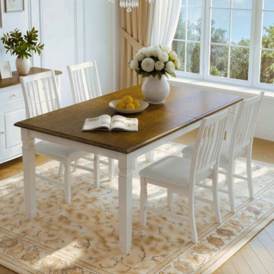 5-Piece Extendable Dining Table Set for 4, Farmhouse Oak Veneer Table and 4 Upholstered Slat Back Chairs, Solid Rubberwood Frame Space-Saving Dining S