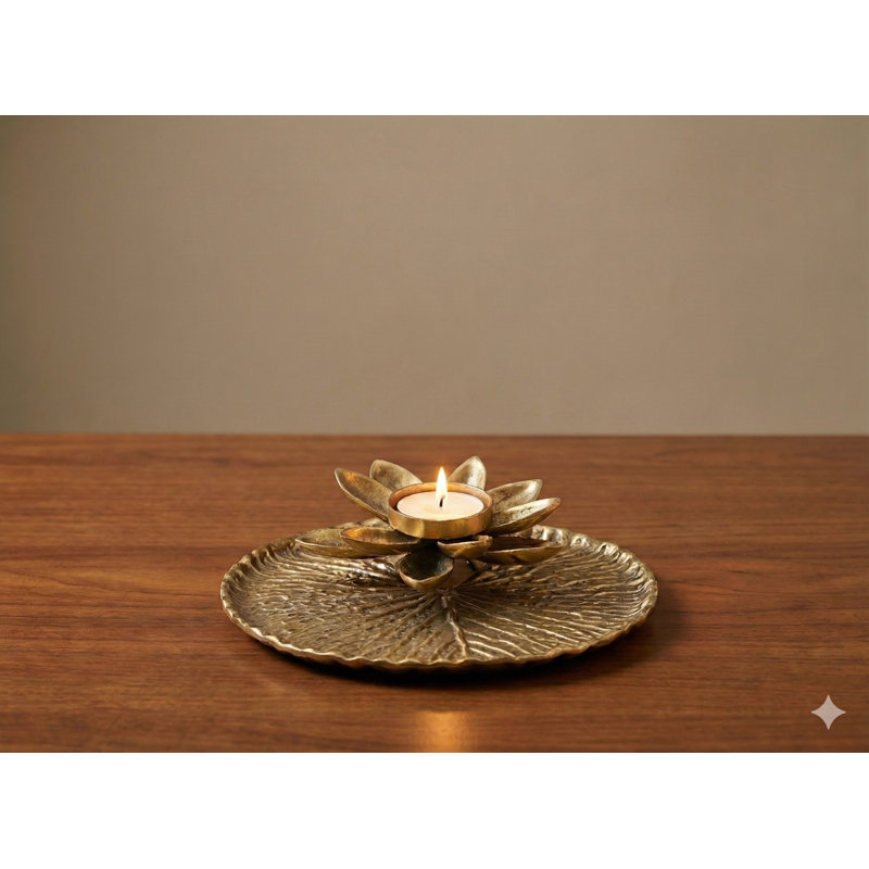 Handmade 7-Inch Brass Lotus Flower Designer Candle Stand – Artistic Lotus Leaf & Blossom Candle Holder, Premium Indian Tabletop Décor