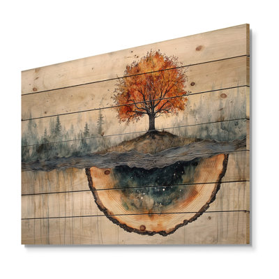 Arbre d'automne sur une glissade en bois, paysage - Arbre de vie, impression sur bois de pin naturel
