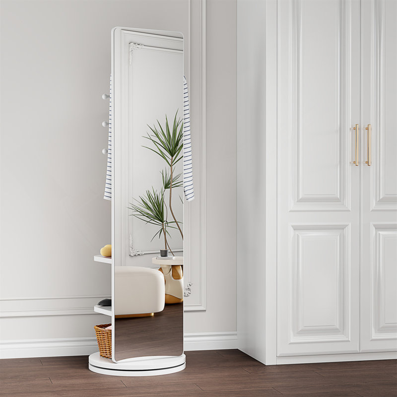 360° Rotating 69"X20" Multifunctional Full Length Mirror With Hook Storage Rack Coat Rack With Mirror Solid Wood Floor Mirror Bedroom Living Room Cloakroom Space Saving
