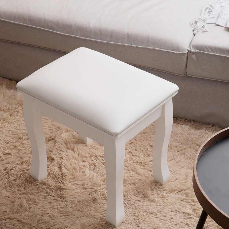 White Vanity Stool Padded Makeup Chair Bench With Solid Wood Legs