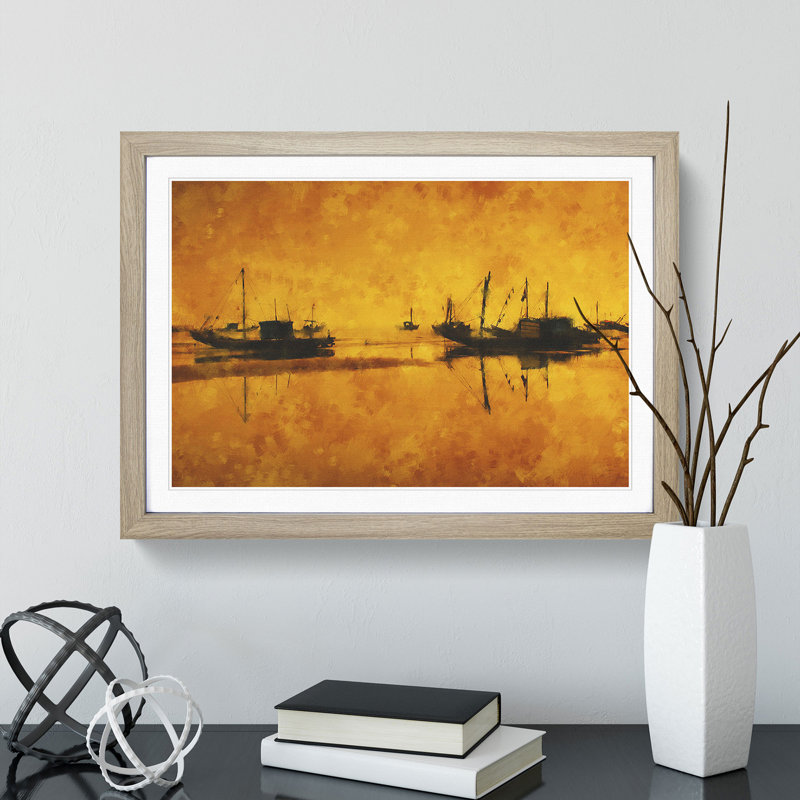 Fishing Boats at Sunset - Framed Print, 48cm H x 65cm W x 2cm D, Oak Framed