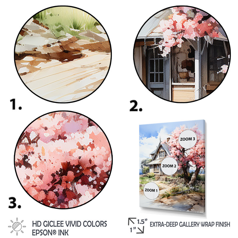 «Blossom Bungalow By The Lake 1», art mural paysage, Toile tendue, H 32 po x l 16 po x P 1 po