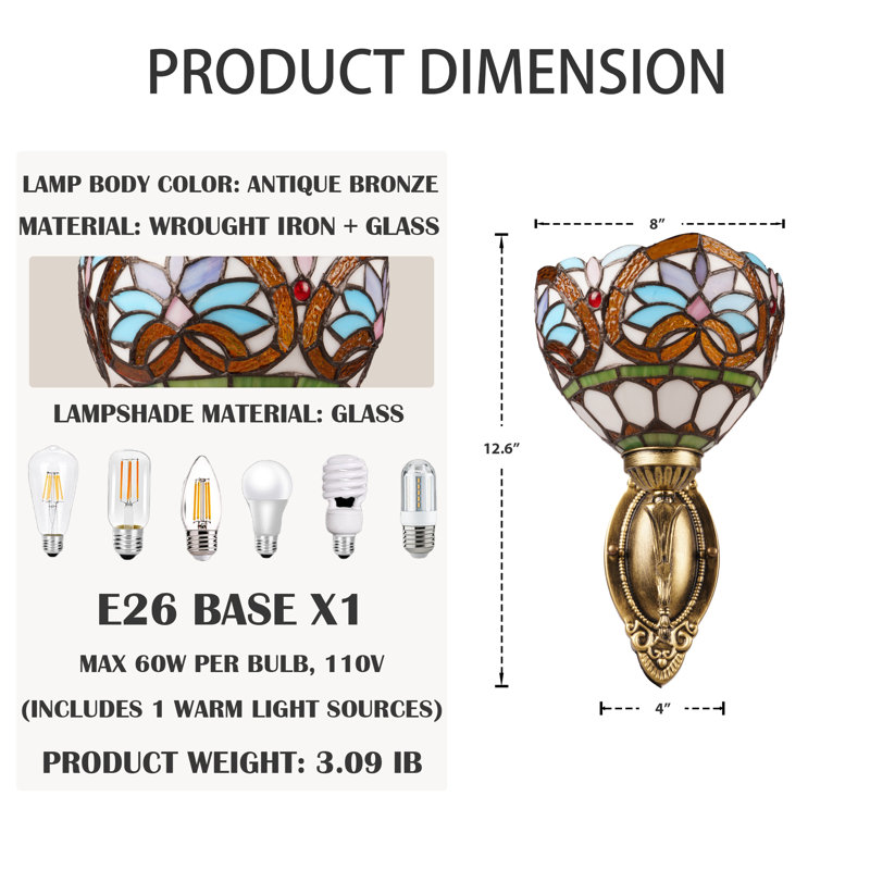 1- Light Stained Glass Wall Sconce Antique Baroque Tiffany-Style Vanity Light For Hallway & Bedroom
