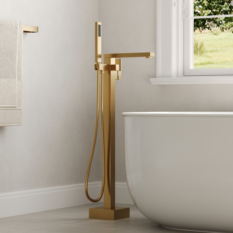Freestanding Floor Mount Tub Filler Bathtub Faucet with Hand Shower, Brushed Gold